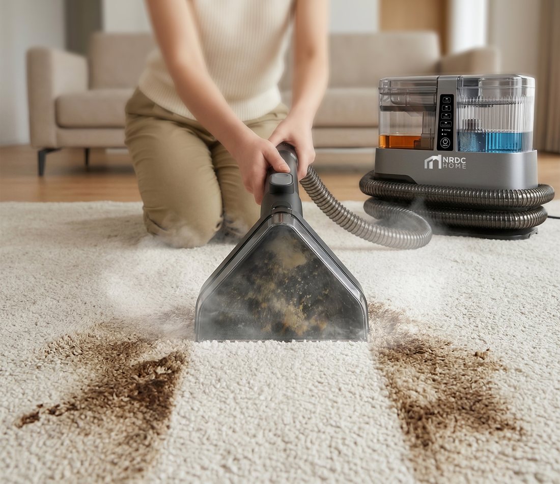 Brune flekker fjernes fra lyst teppe med NRDC Home