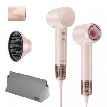 Laifen Swift Premium hårføner i rosa/gull med diffuser, stylingmunnstykke og reiseveske