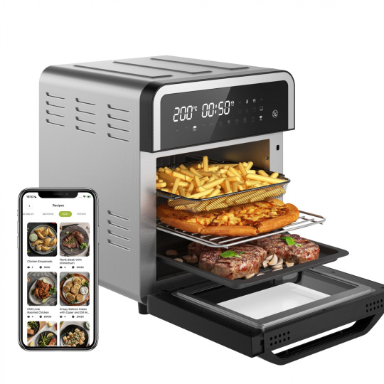 Kyvol 14,5 L airfryer ovn med pommes frites og mat i flere etasjer