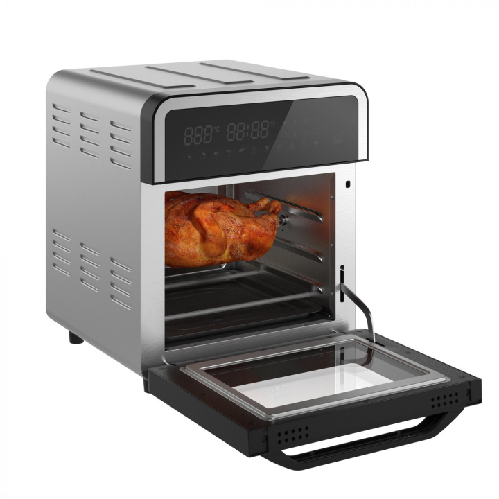 Kyvol 14,5 L airfryer ovn med åpen frontdør og kylling på grillspyd